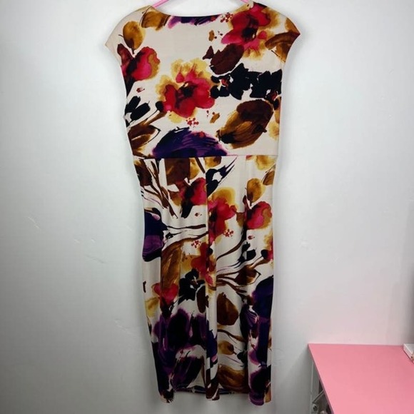 Lauren Ralph Lauren Multicolor Floral Print V Neck Ruched Wiggle Dress Size 12 - Picture 4 of 8